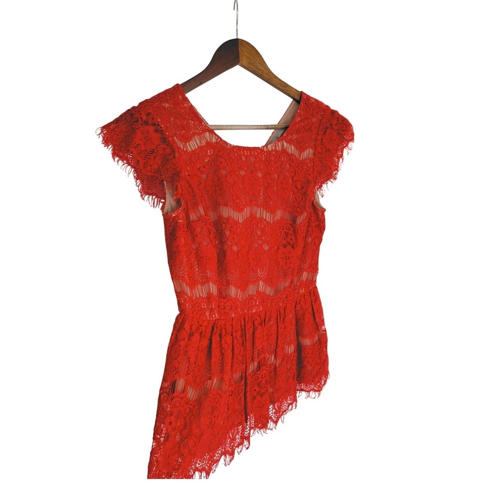 Maeve Anthropologie Red Lace Peplum Top Eyelash Trim Short Slve XS Romantic $98